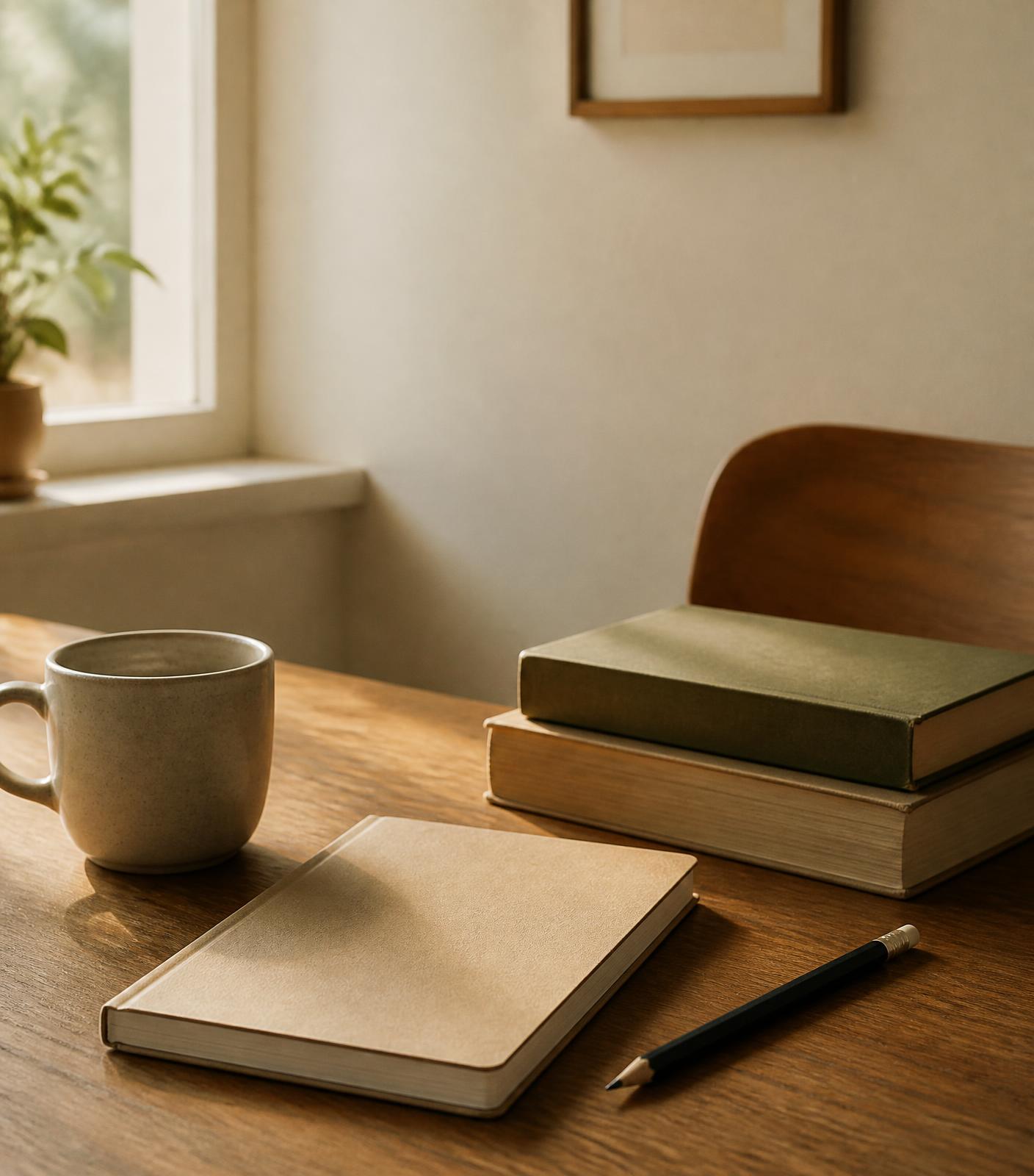 A quiet study desk with open books, notes, and a mug in soft daylight.